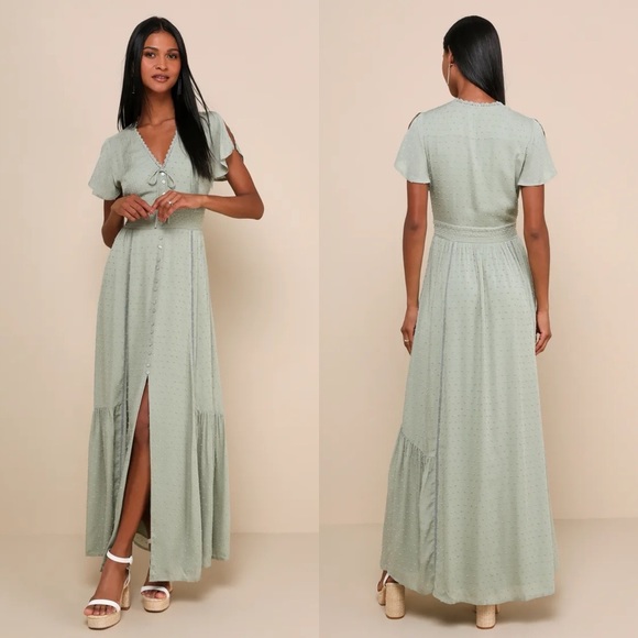 Lulus Dresses & Skirts - Lulu’s Completely In Love Sage Green Swiss Dot Button-Front Maxi Dress